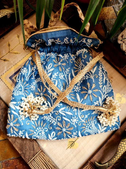 Blue Chikankari Potli