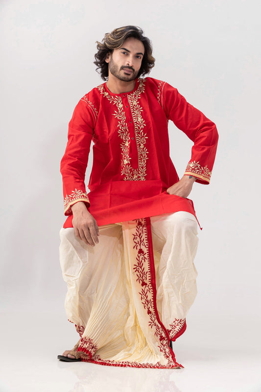 Red Kantha Stitch Kurta