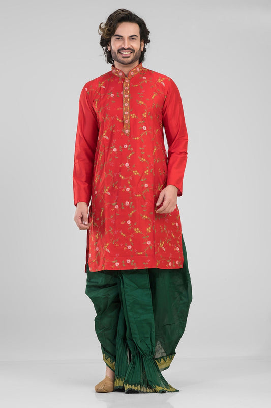 Red Embroidered Cotton SIlk Kurta