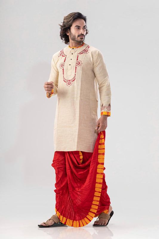 Beige Handloom Red Thread-work Festive Kurta