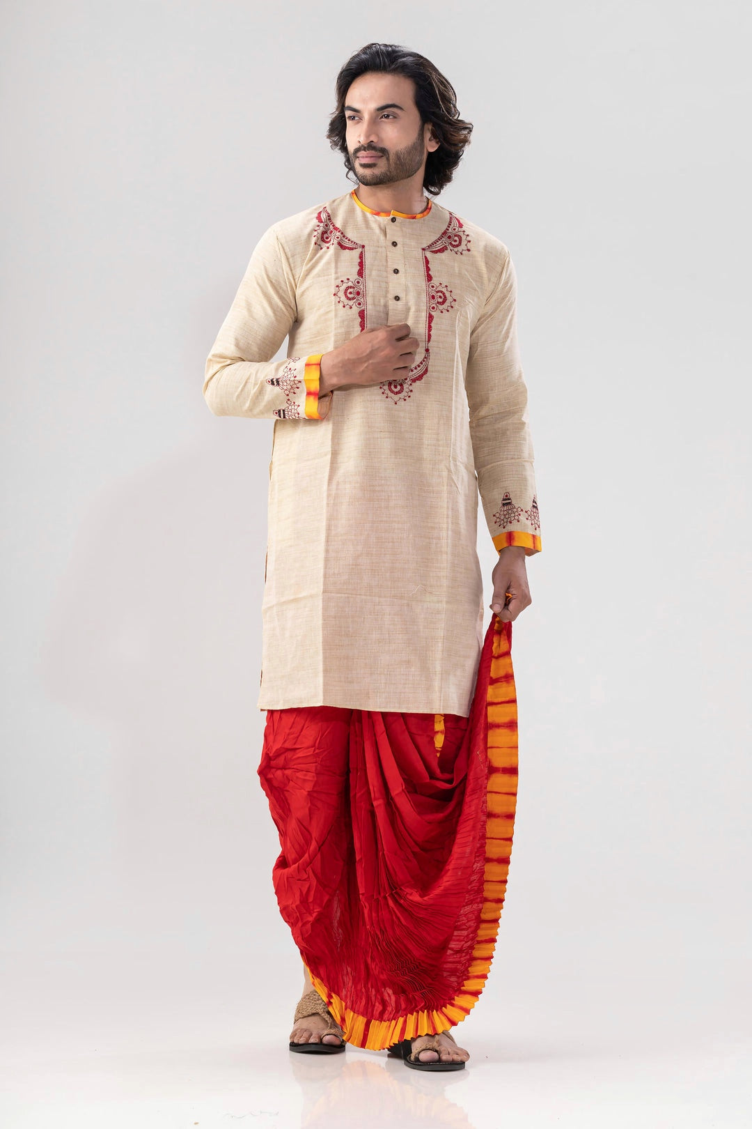 Beige Handloom Red Thread-work Festive Kurta