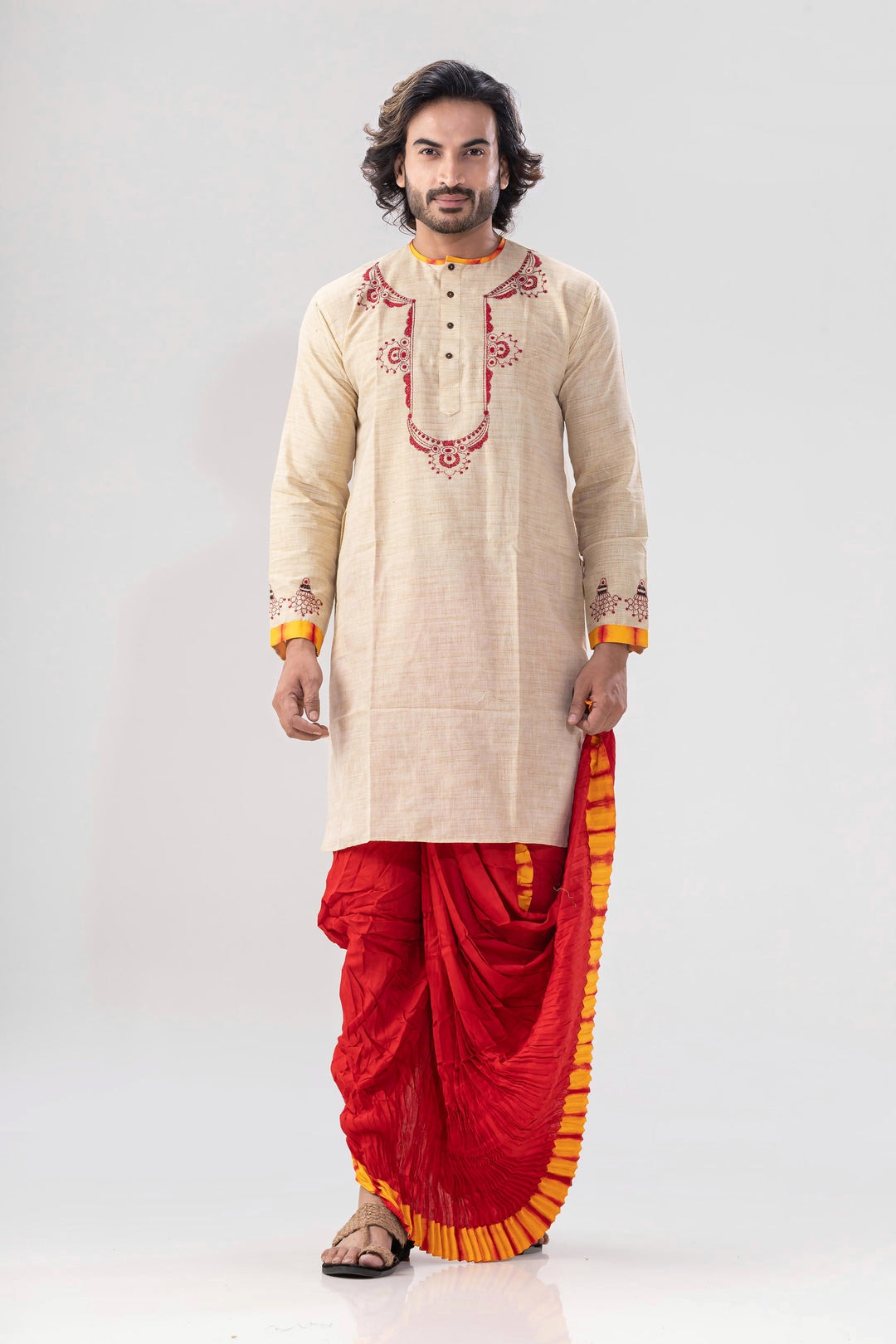 Beige Handloom Red Thread-work Festive Kurta