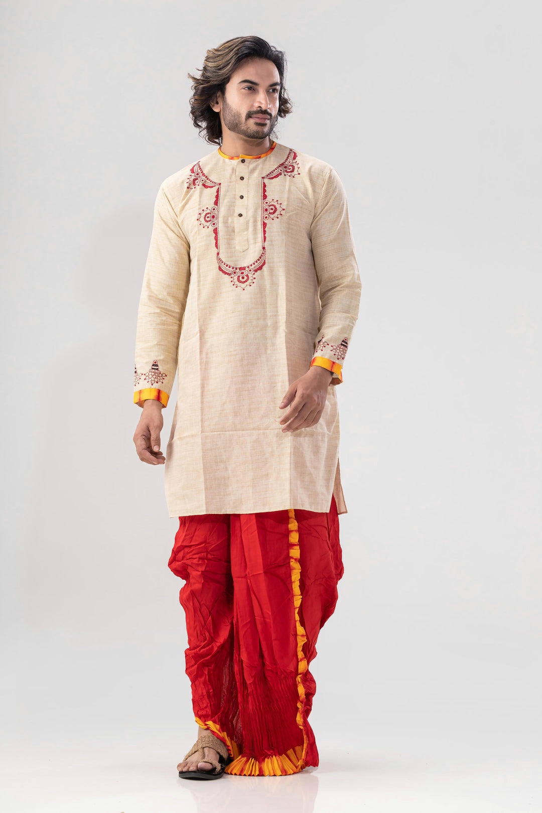 Beige Handloom Red Thread-work Festive Kurta