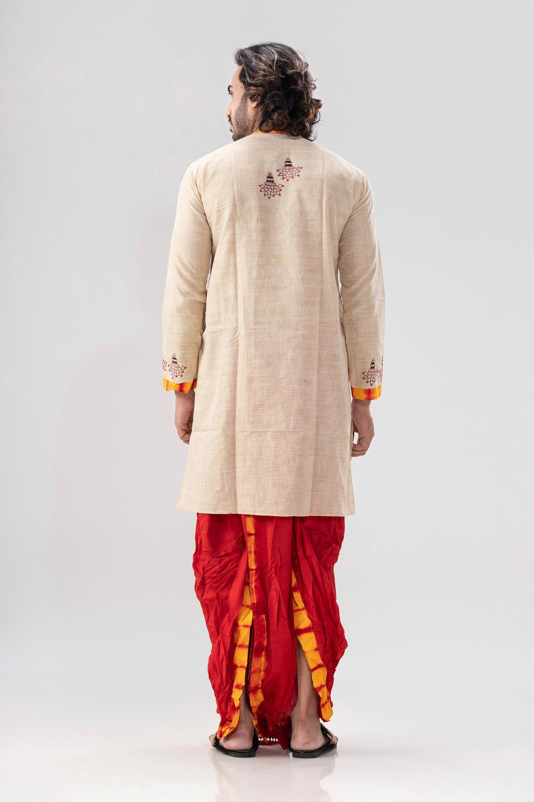 Beige Handloom Red Thread-work Festive Kurta