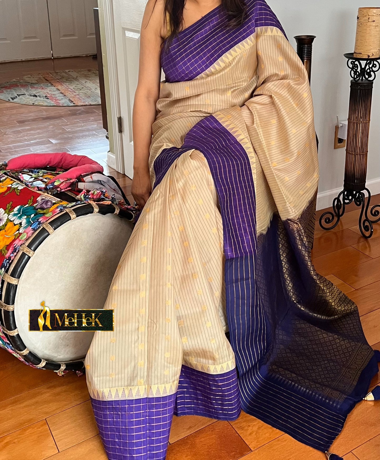 Handloom Gadwal Silk in cream color withpurple border and pallu