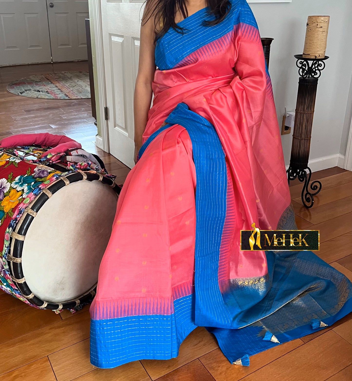 Handloom Gadhwal Silk Saree in pink color with blue border and pallu