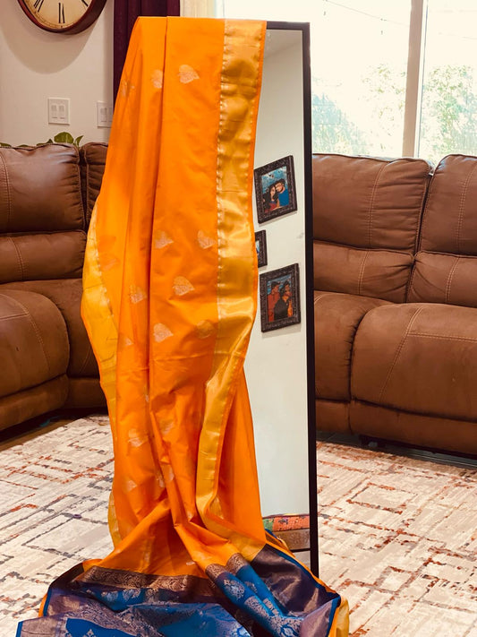 Yellow benaras katan in golden and silver zari motif