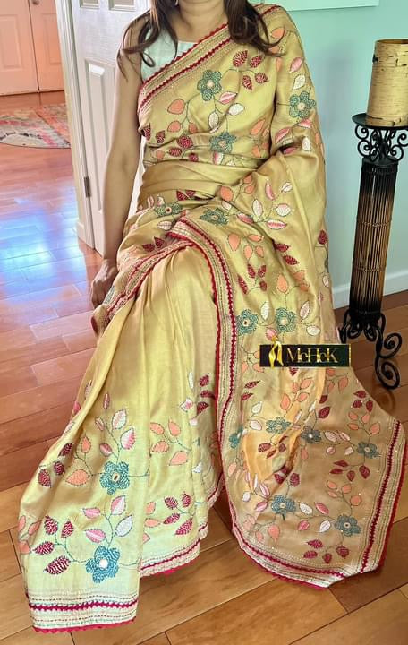 Handloom Tussar Silk in Light yellow color with hand embroidery