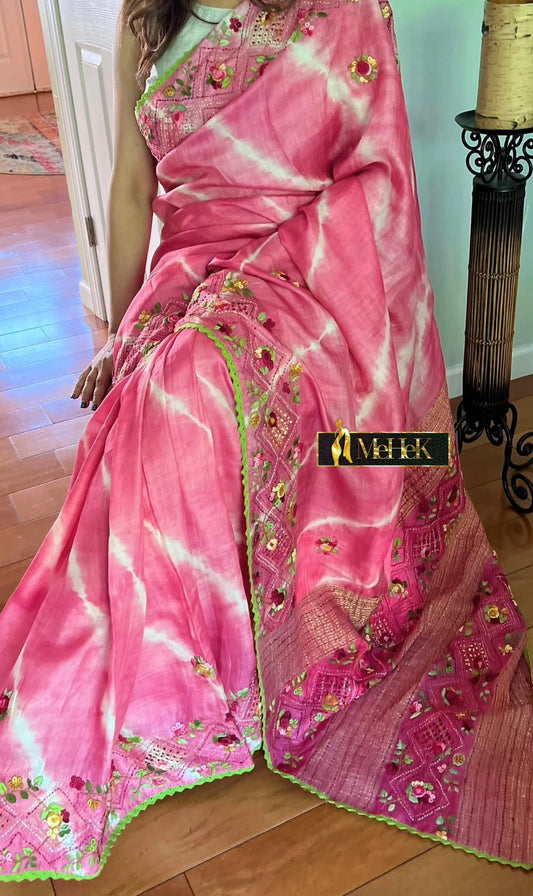 Handloom Tussar Silk Saree in Pink color with hand woven embroidery