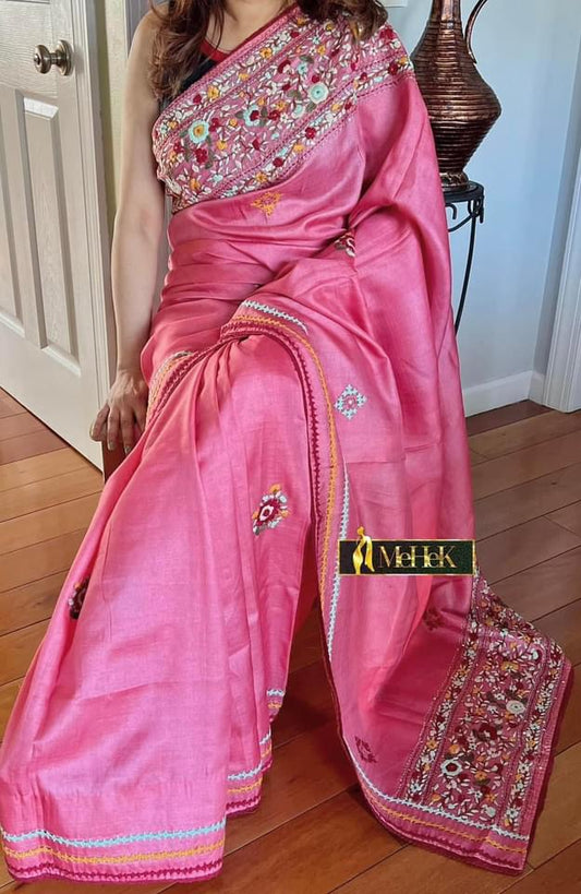 Handloom Tussar Silk Saree in Pink color with hand woven embroidery