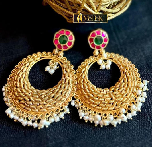 SIlver Earrings: Chandbali style, in gold tone with colored kundan stud