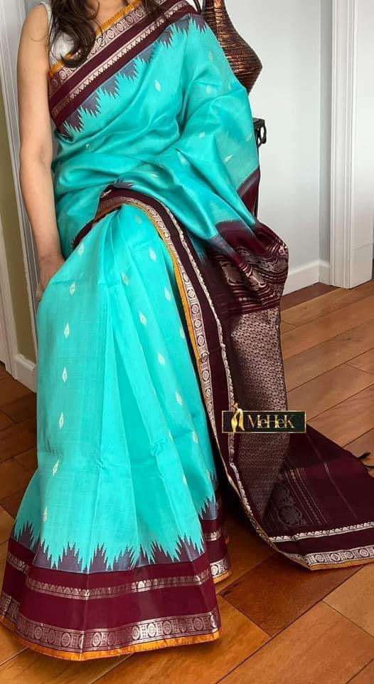 Handloom Gadwal Silk in sea green color with chocolate border and pallu