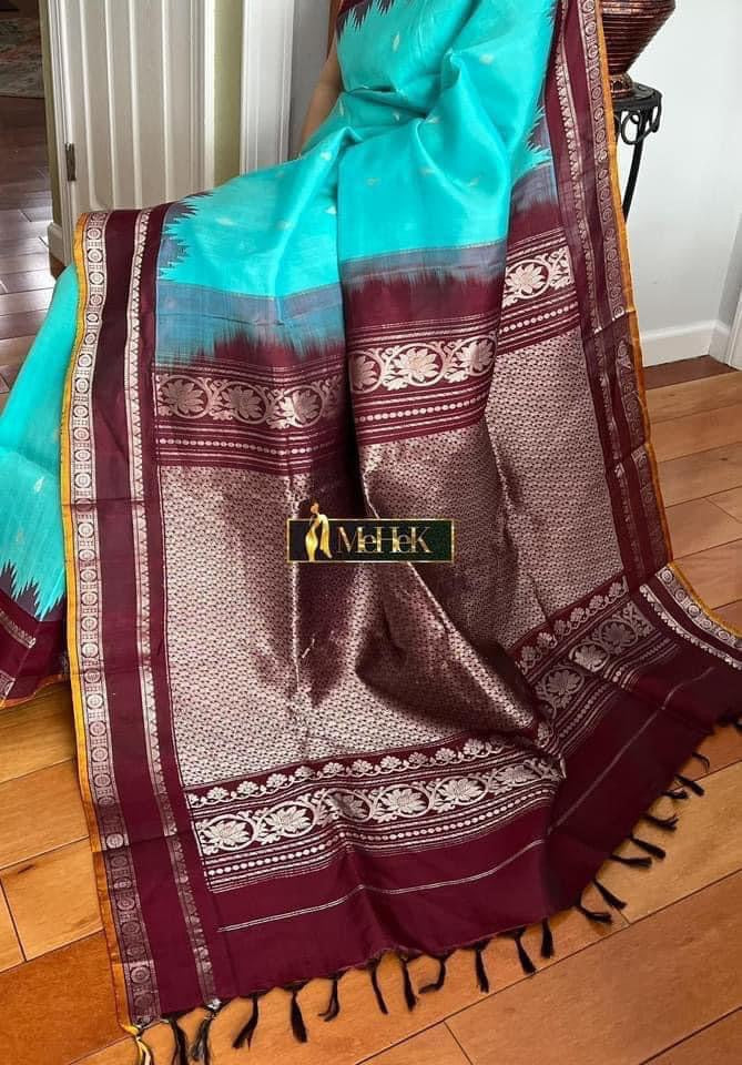 Handloom Gadwal Silk in sea green color with chocolate border and pallu