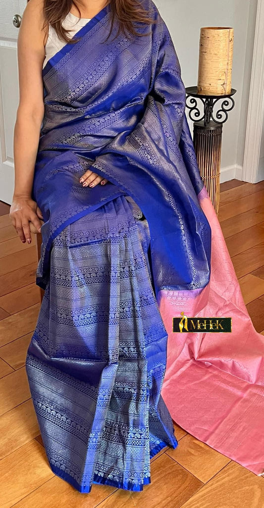 Soft Silk Kanjivaram In Royal Blue color borderless pink contrast pallu