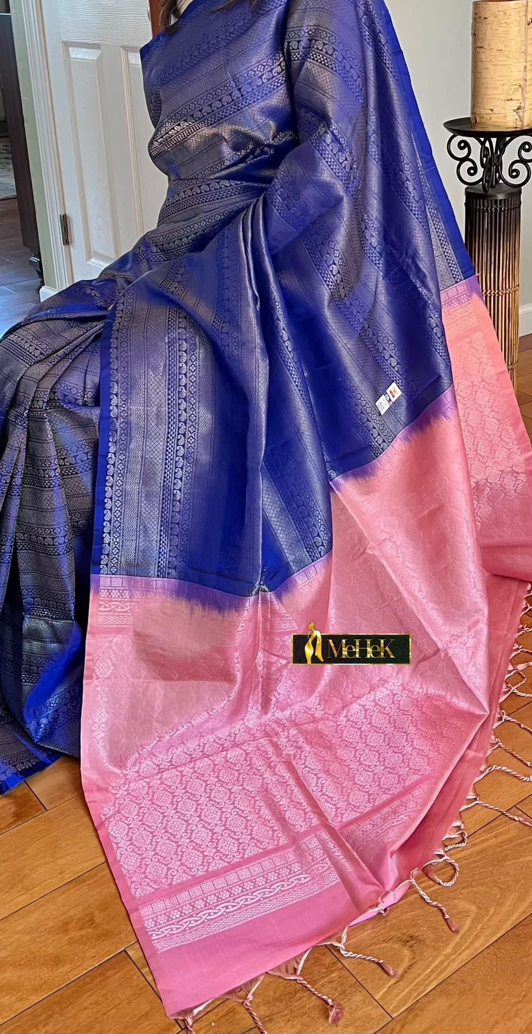 Soft Silk Kanjivaram In Royal Blue color borderless pink contrast pallu