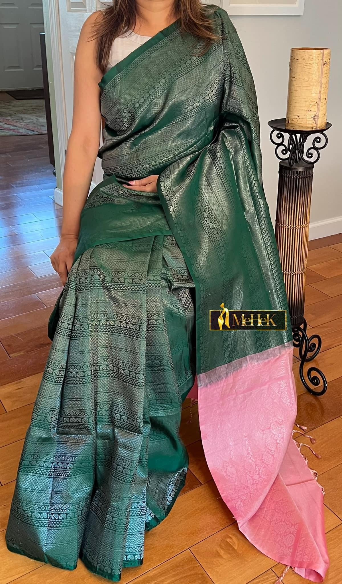 Soft Silk Kanjivaram In Dark Green color borderless pink contrast pallu