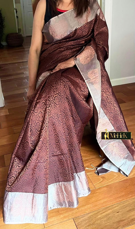 Soft Silk Kanjivaram In Dark Chocolate color with all over zari woven