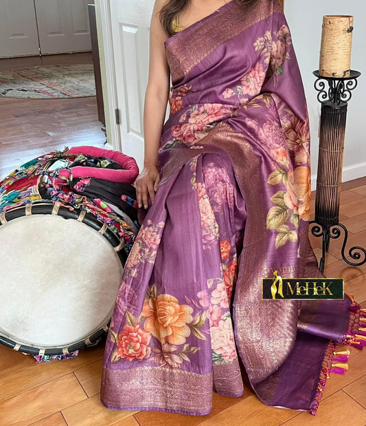 Tussar Silk Benarasi Saree - Purple floral