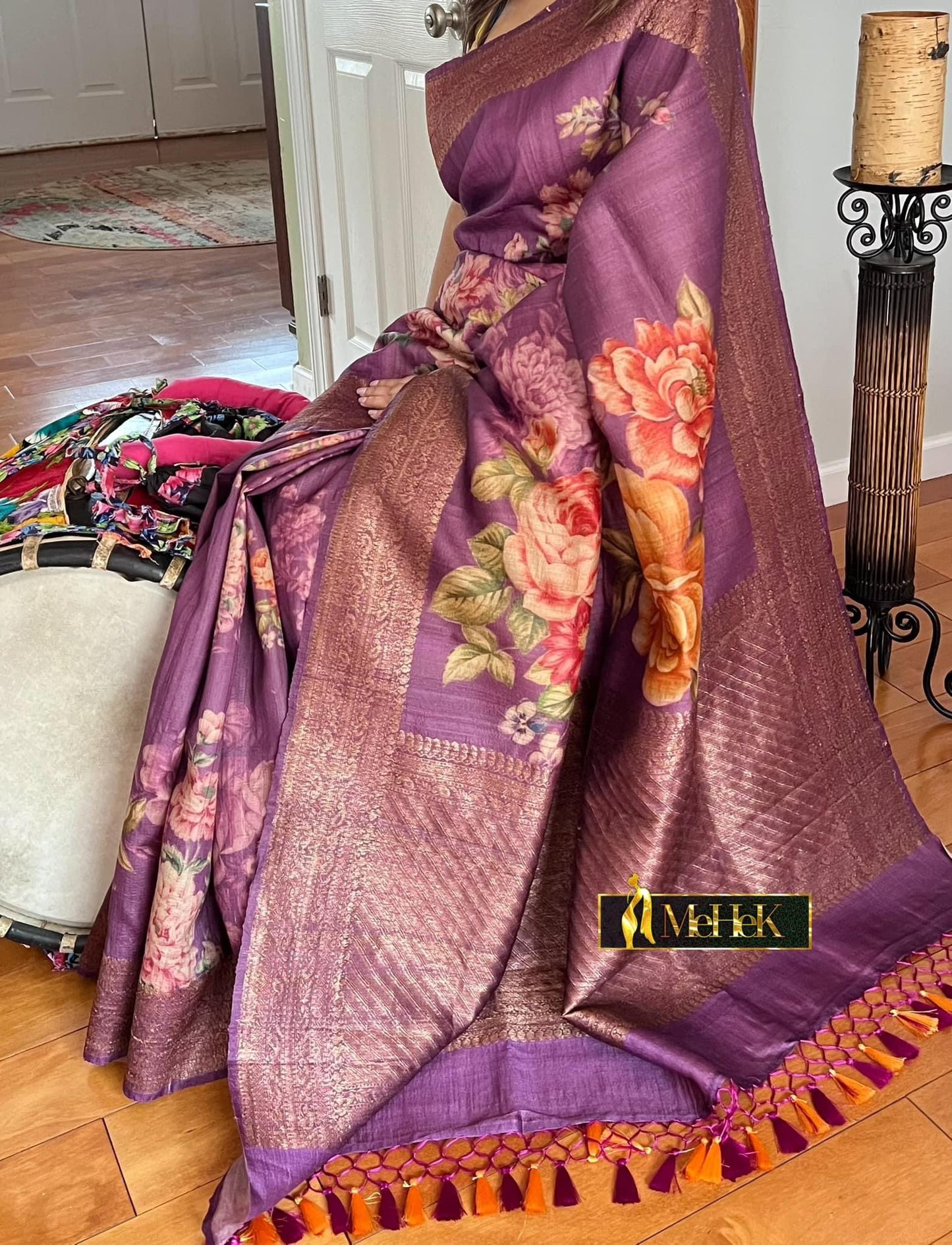 Tussar Silk Benarasi Saree - Purple floral