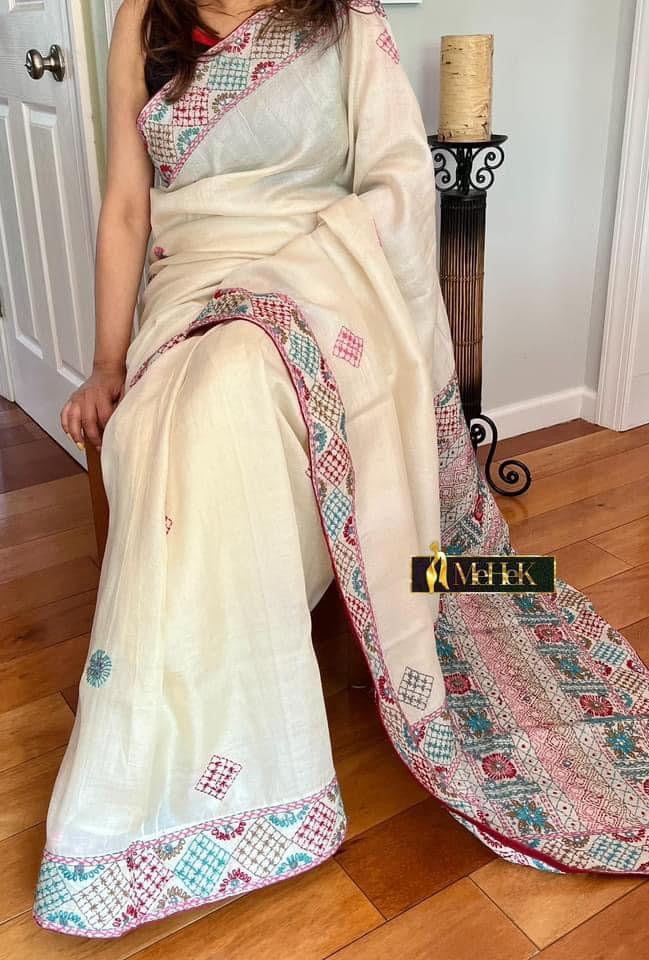 Handloom Tussar Silk Saree in off white with hand woven lambani embroidery