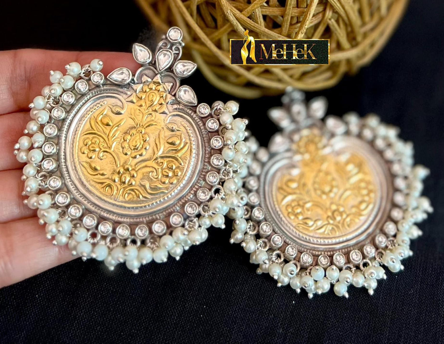 Silver Earrings: Statement Chandbali in dual tone