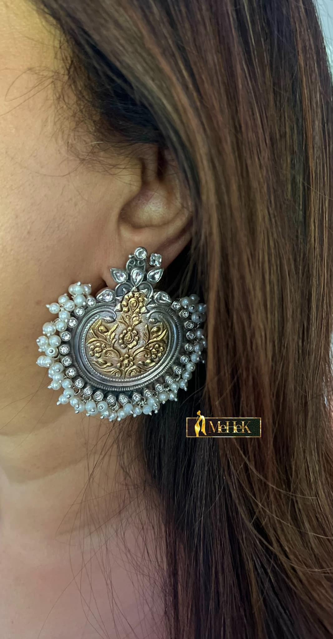 Silver Earrings: Statement Chandbali in dual tone