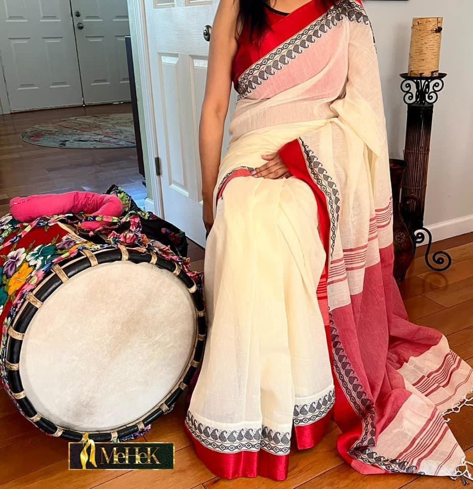 Handloom Cotton Saree in white body and red border