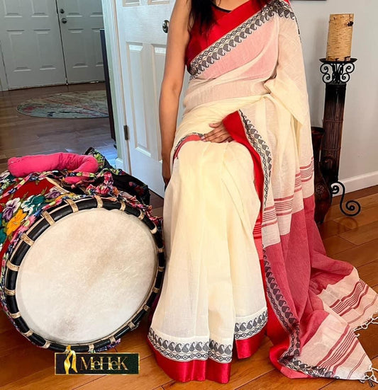 Handloom Cotton Saree in white body and red border