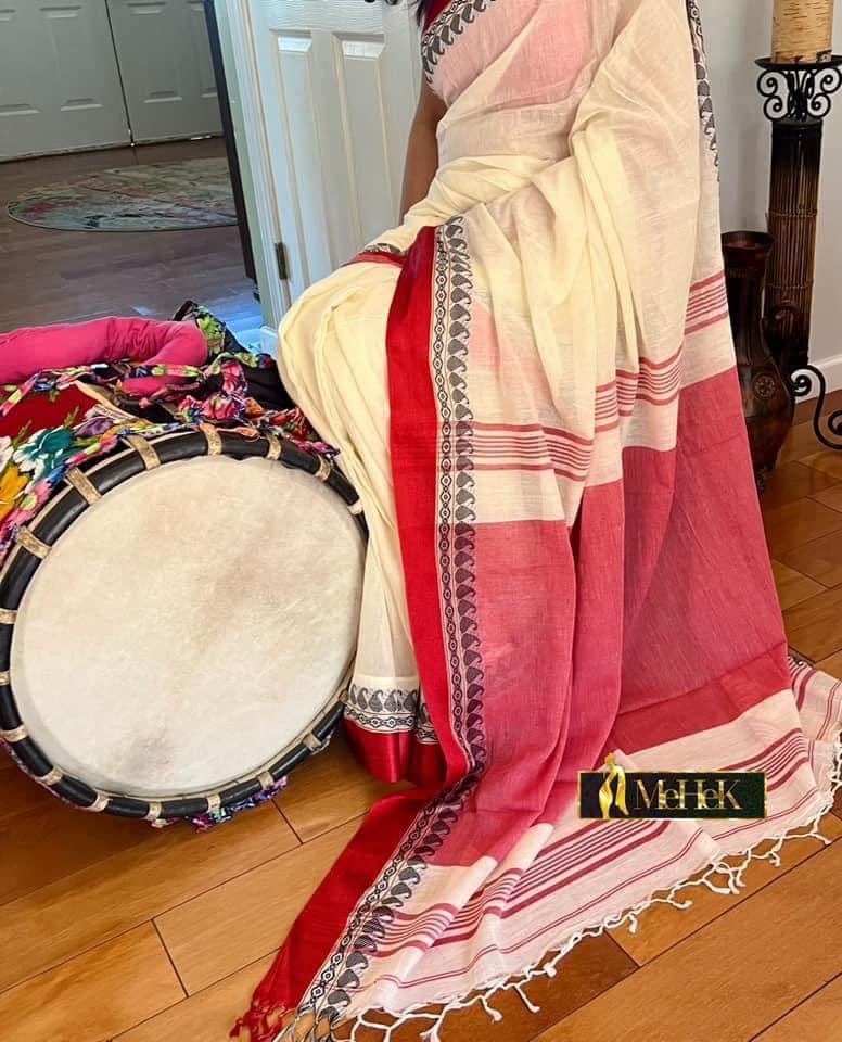 Handloom Cotton Saree in white body and red border